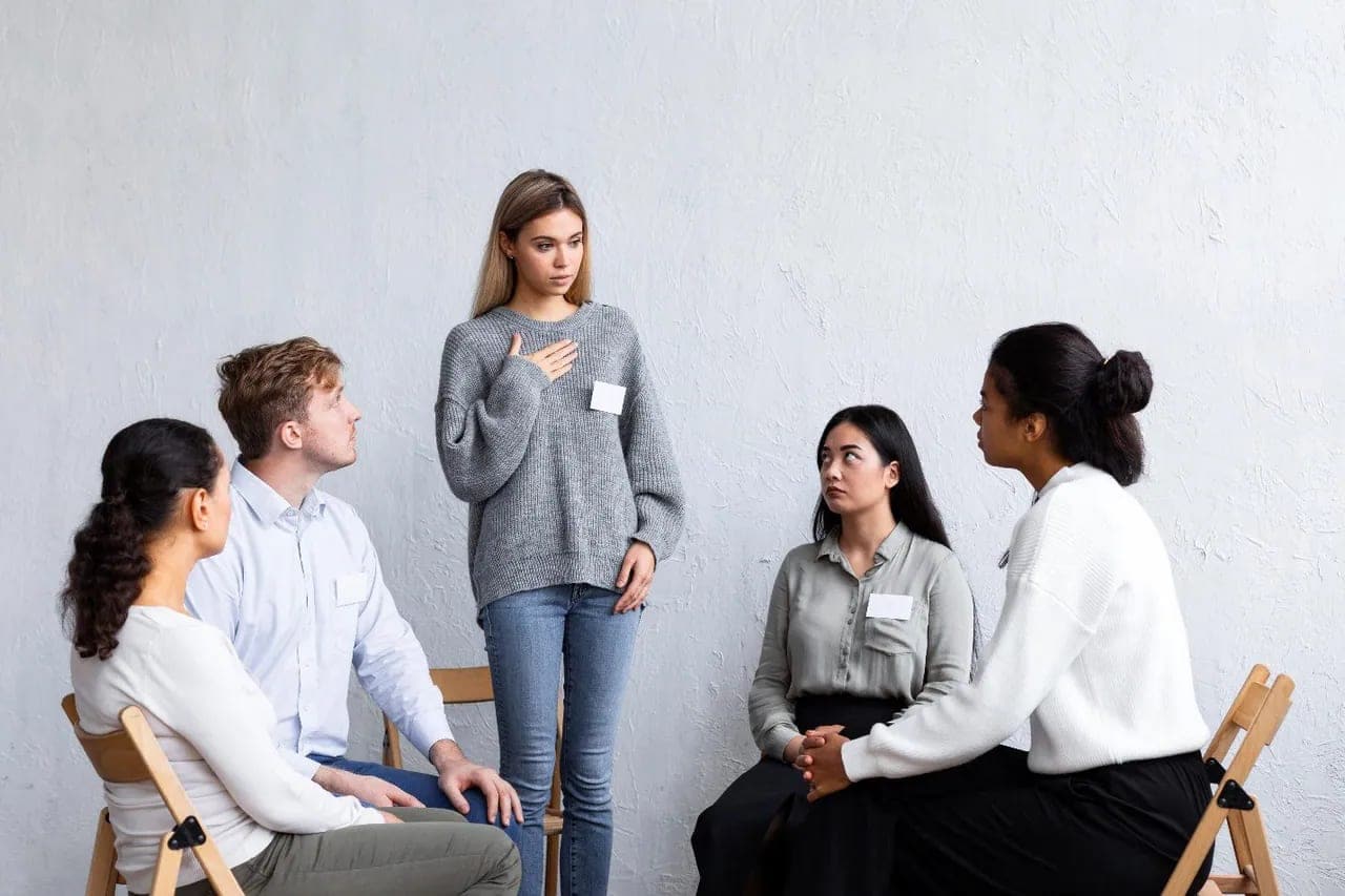 A woman leading a small group discussion in an office